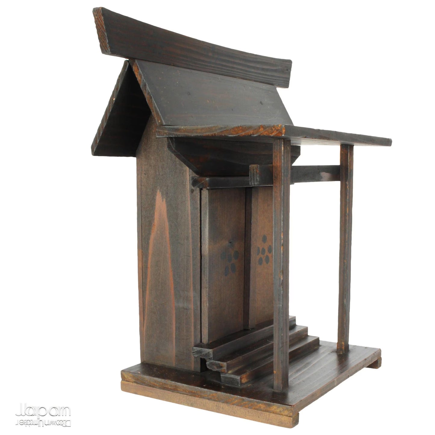 A perfect addition to your spiritual space, this quaint rustic antique Shinto shrine, made to be placed on the kamidana (god shelf), houses the lucky god Tenjin, protected by his guards. The charming hand crafted god house embodies the essence of Shinto folk faith.