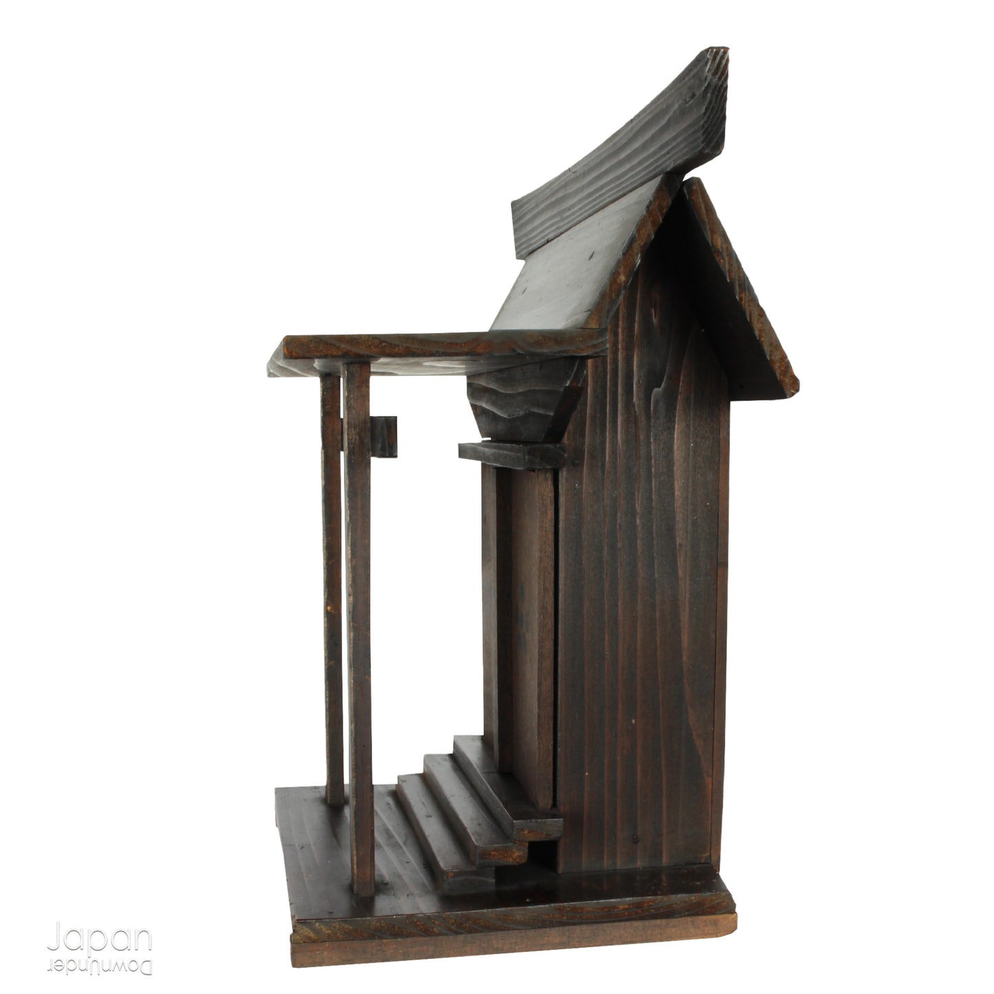 A perfect addition to your spiritual space, this quaint rustic antique Shinto shrine, made to be placed on the kamidana (god shelf), houses the lucky god Tenjin, protected by his guards. The charming hand crafted god house embodies the essence of Shinto folk faith