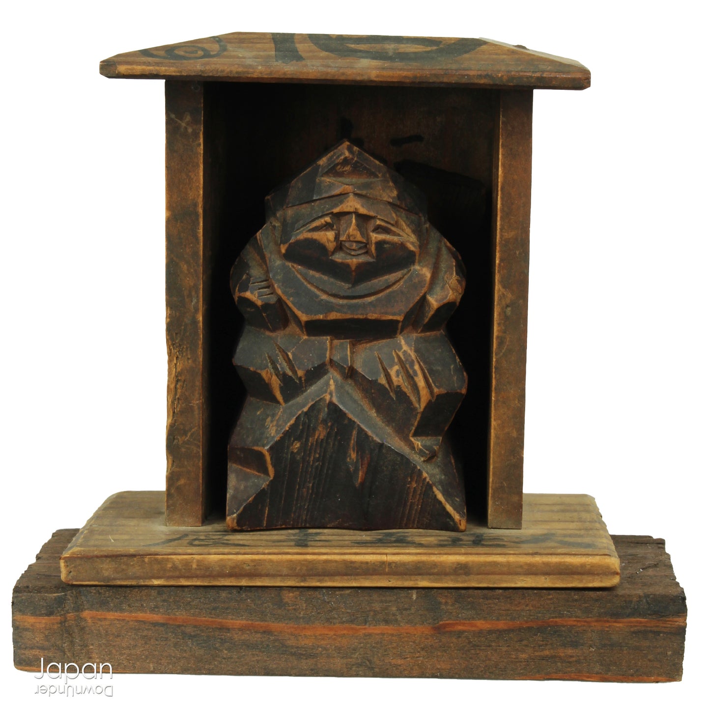 A perfect addition to your spiritual space, this quaint rustic antique Shinto shrine, made to be placed on the kamidana (god shelf), houses the lucky god Ebisu. This charming hand crafted god house embodies the essence of Shinto folk faith