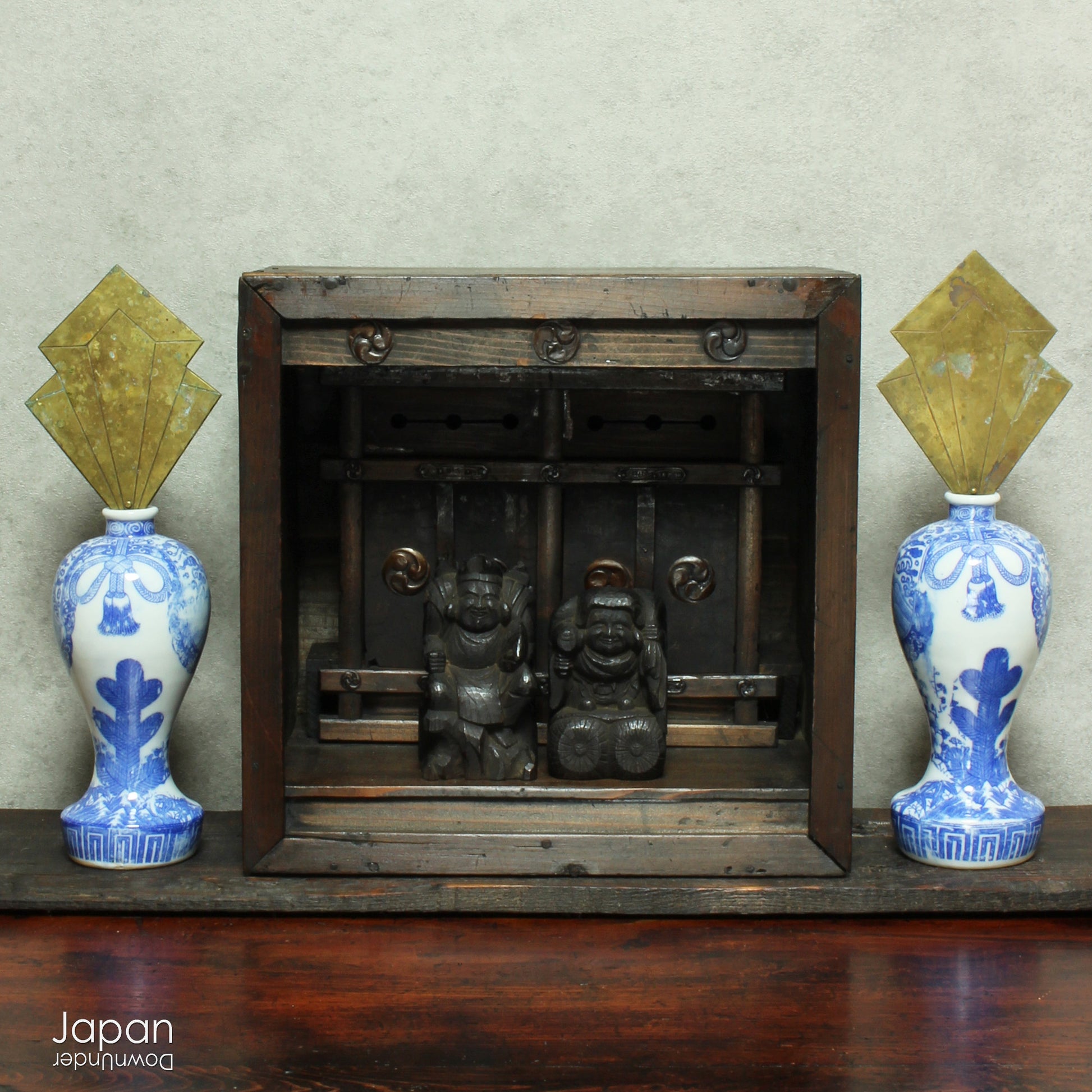 Bring a piece of history into your home with this rare 1800&#39;s Shinto folk faith shrine, perfect for creating a sacred space on your own god shelf or within your home. This antique religious decor piece includes the lucky gods, Ebisu and Daikoku.