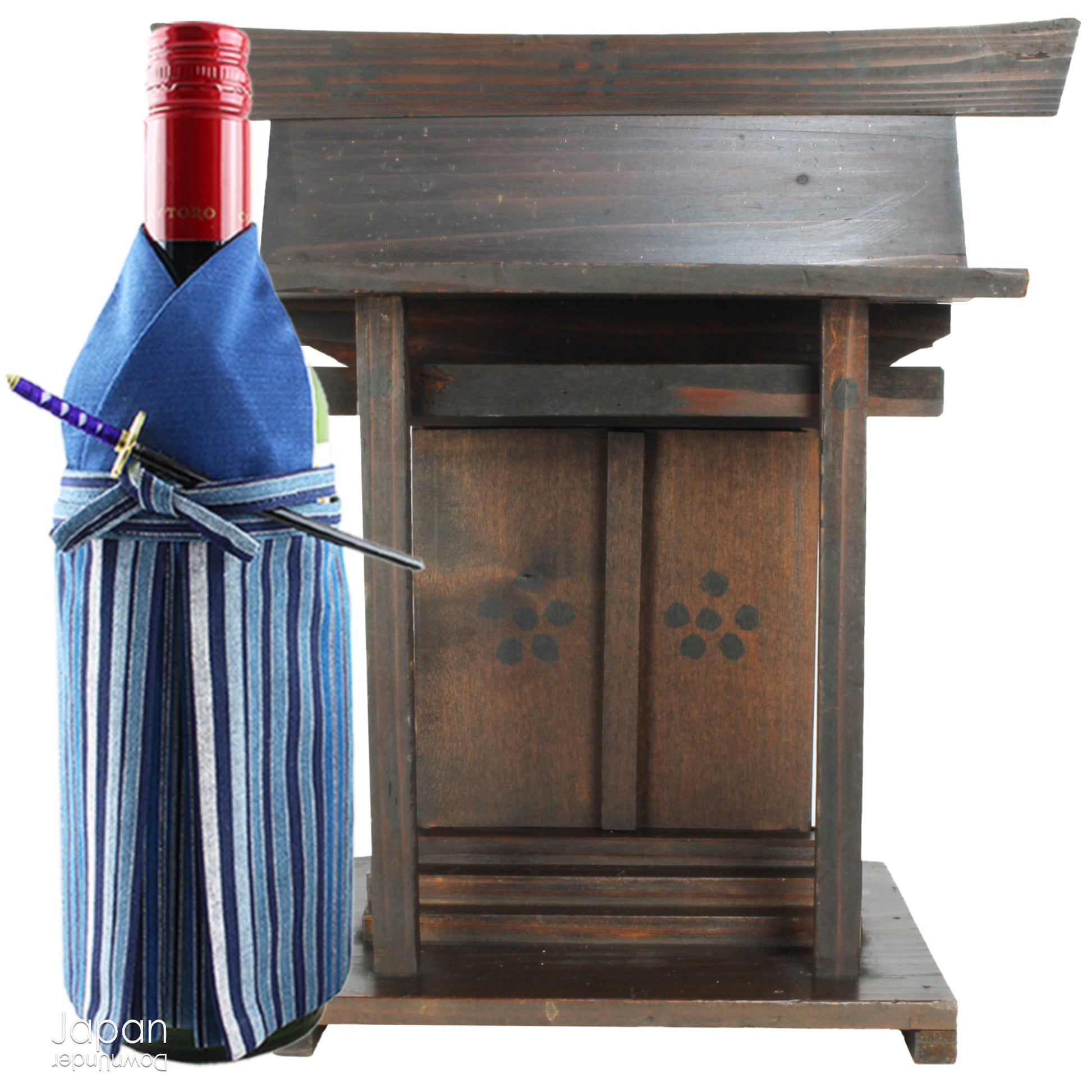 A perfect addition to your spiritual space, this quaint rustic antique Shinto shrine, made to be placed on the kamidana (god shelf), houses the lucky god Tenjin, protected by his guards. The charming hand crafted god house embodies the essence of Shinto folk faith