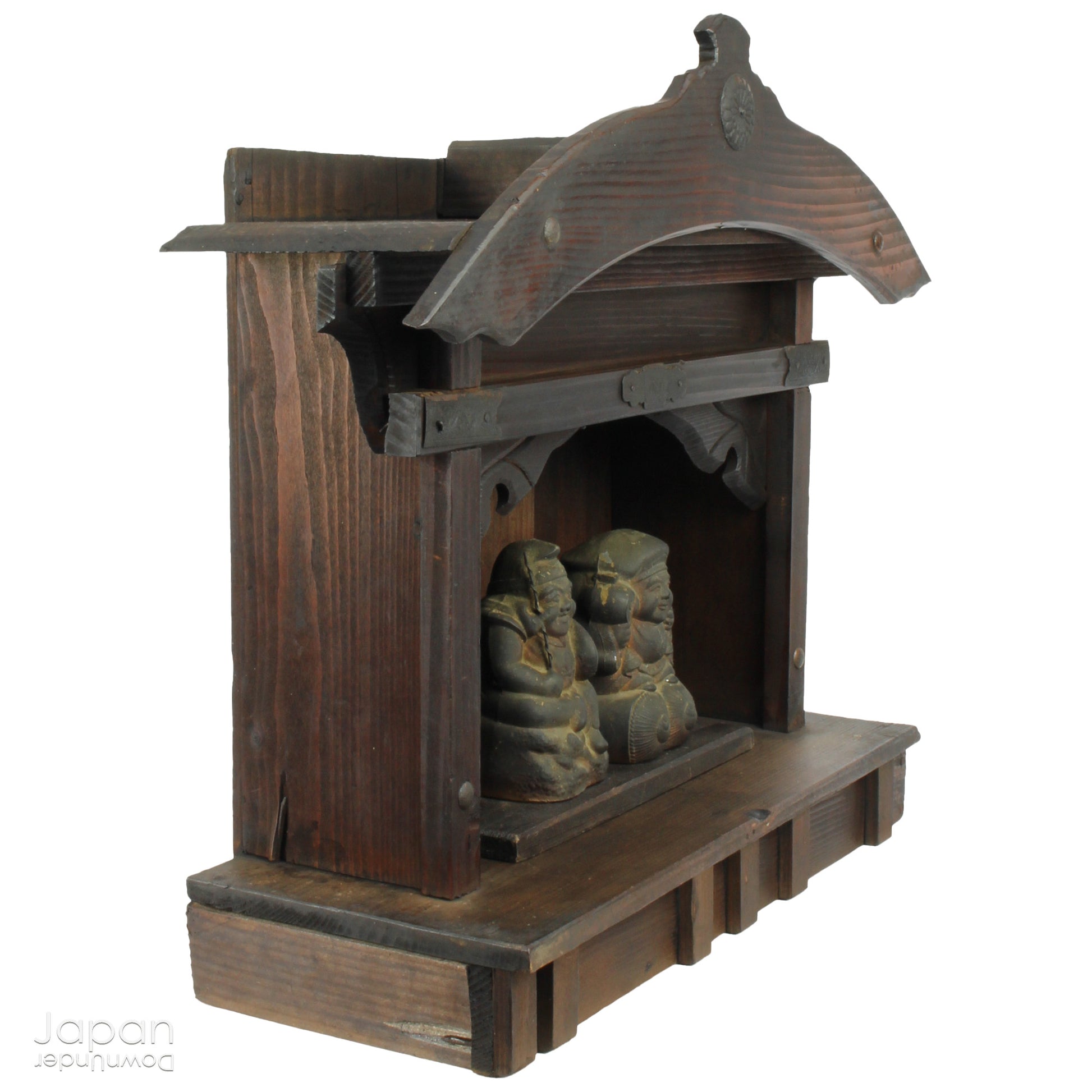 A perfect addition to your spiritual space, this rustic antique Shinto shrine, made to be placed on the kamidana (god shelf), houses the lucky god Ebisu and Daikoku. This charming hand crafted god house embodies the essence of Shinto folk faith.