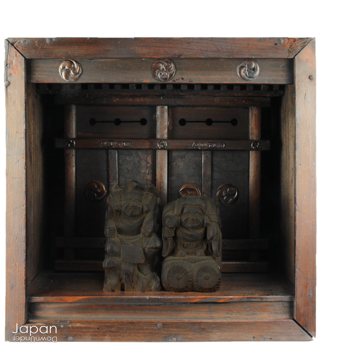 Bring a piece of history into your home with this rare 1800&#39;s Shinto folk faith shrine, perfect for creating a sacred space on your own god shelf or within your home. This antique religious decor piece includes the lucky gods, Ebisu and Daikoku.