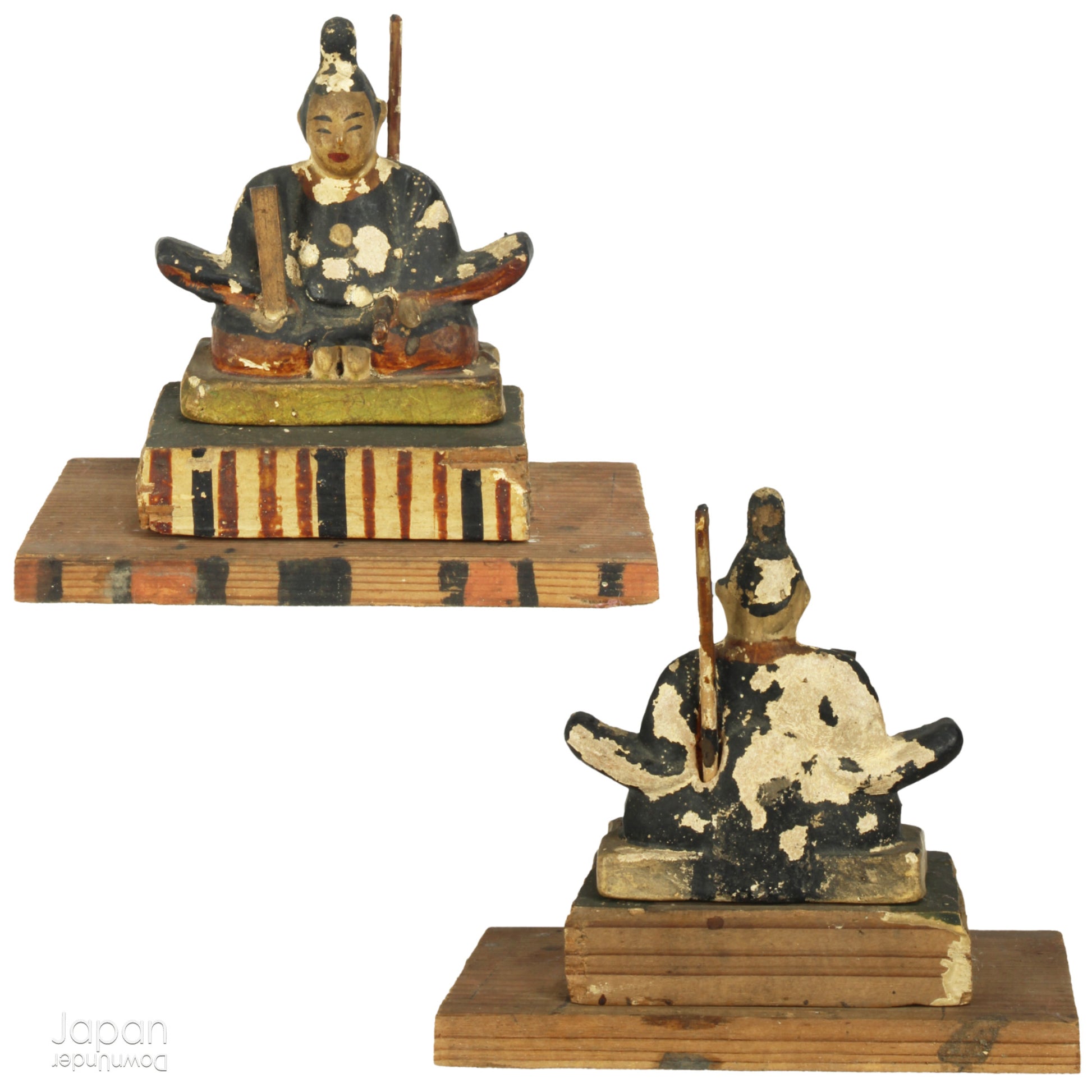 A perfect addition to your spiritual space, this quaint rustic antique Shinto shrine, made to be placed on the kamidana (god shelf), houses the lucky god Tenjin, protected by his guards. The charming hand crafted god house embodies the essence of Shinto folk faith