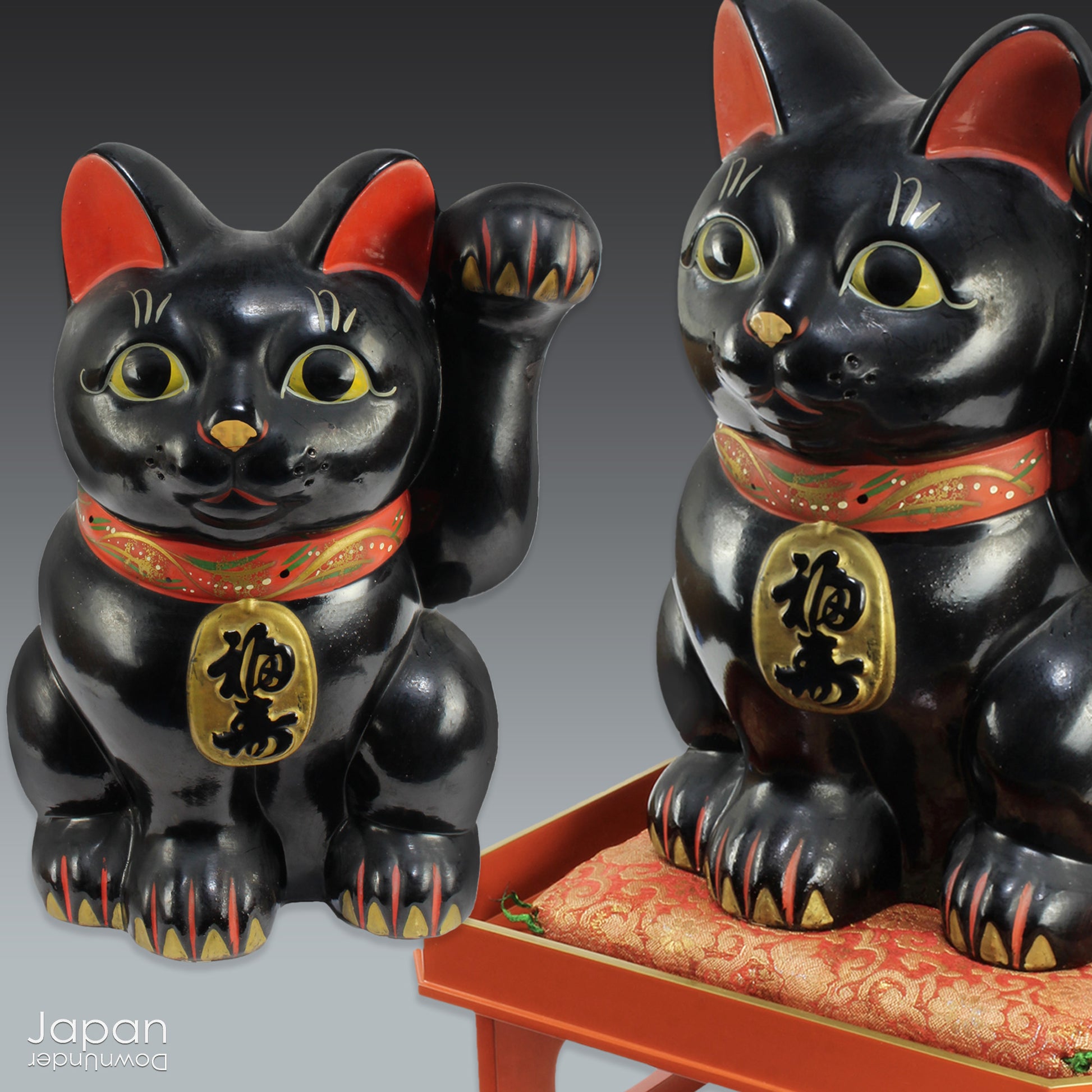 13 inch japanese antique maneki neko on lacquer stand with silk brocad –  JapanDownUnder