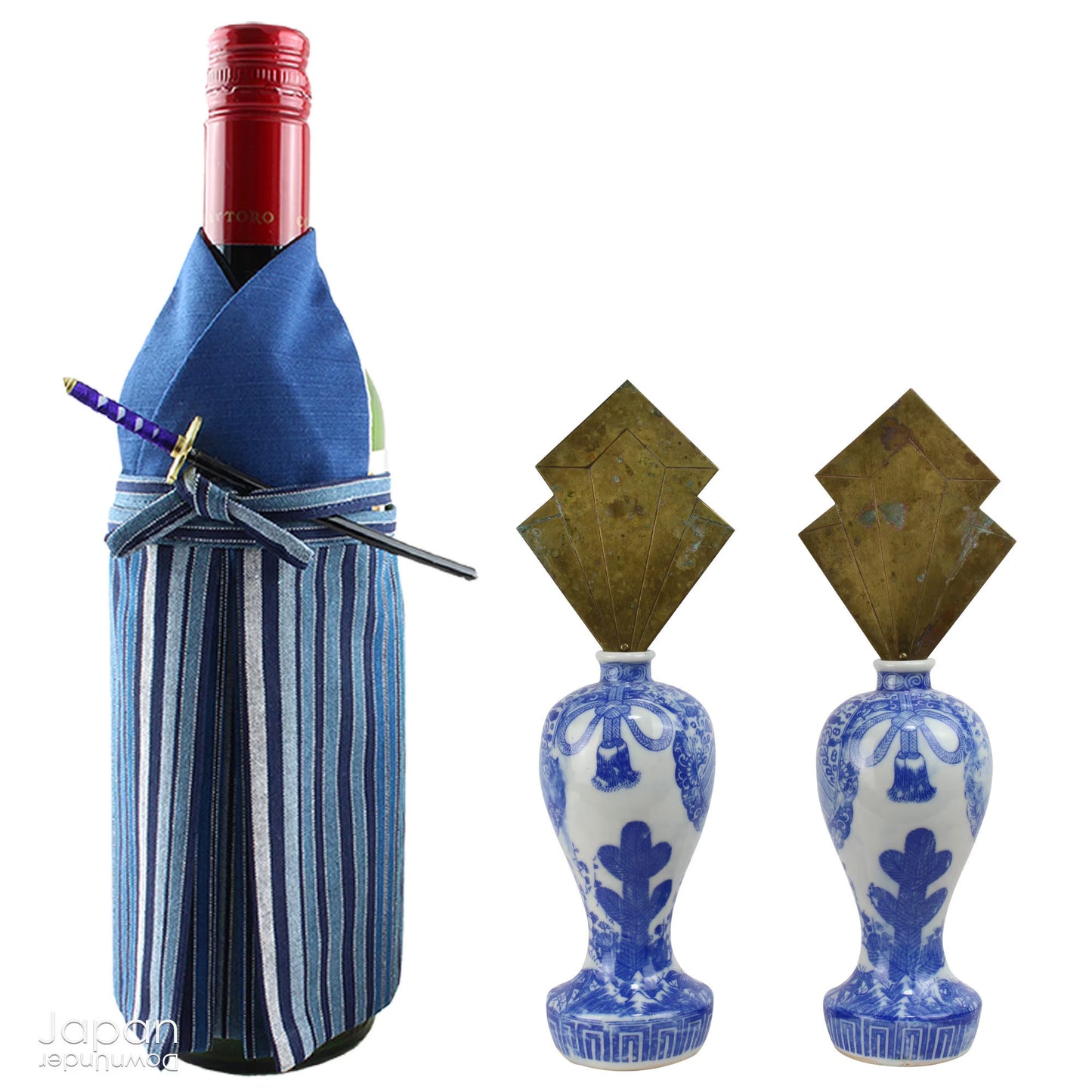 Enhance your sacred space with this wonderful pair of antique brass flames in old imari sake bottles, made to be offered at Shinto altars. Believed to attract prosperity and ward off evil, these unique pieces will bring a touch of tradition.