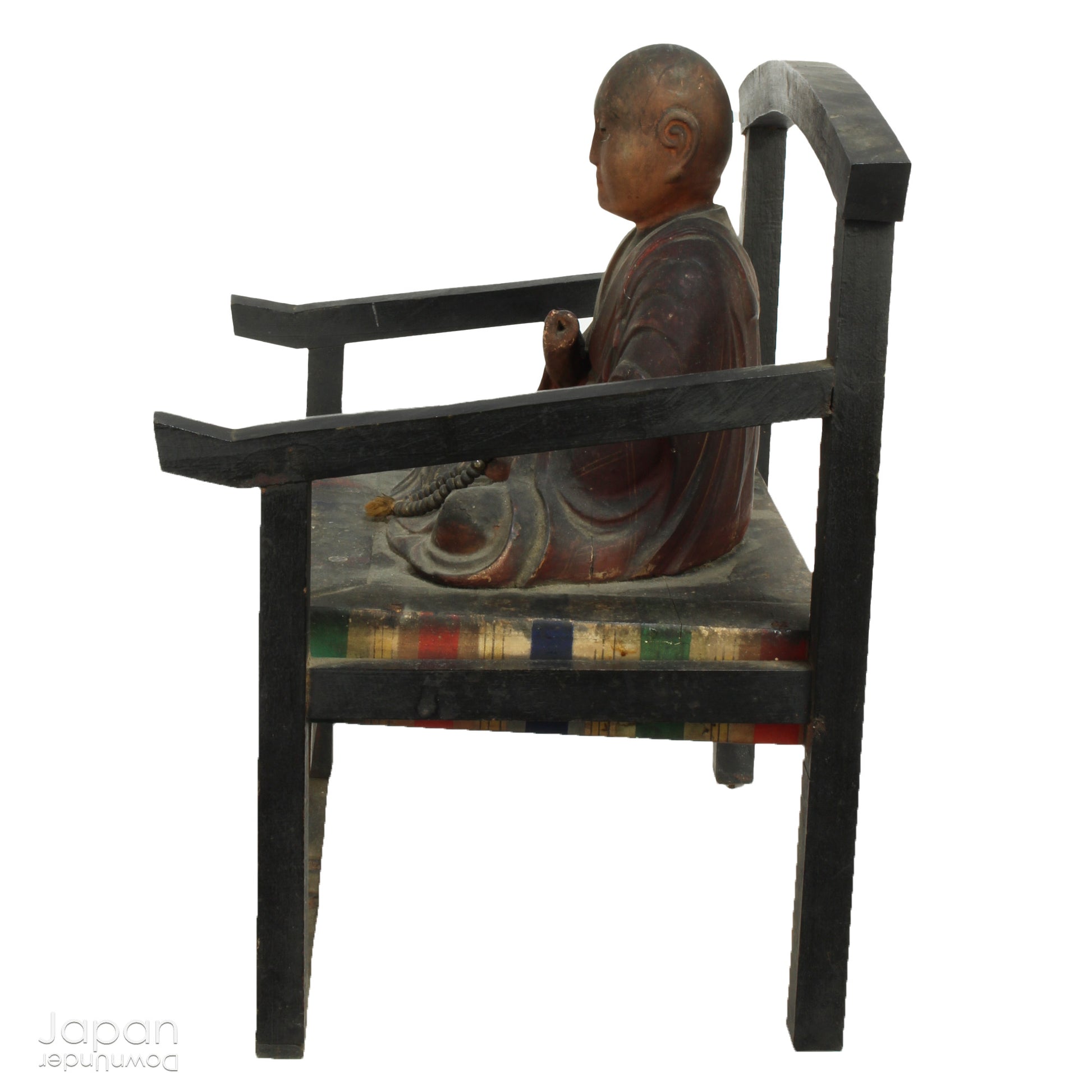 A wonderful piece of history, this large 1800’s wooden Buddhist statue captures Kukai seated in lotus pose, deep in meditation. The statue exudes tranquility and peace, perfect for meditation and mindfulness practices.