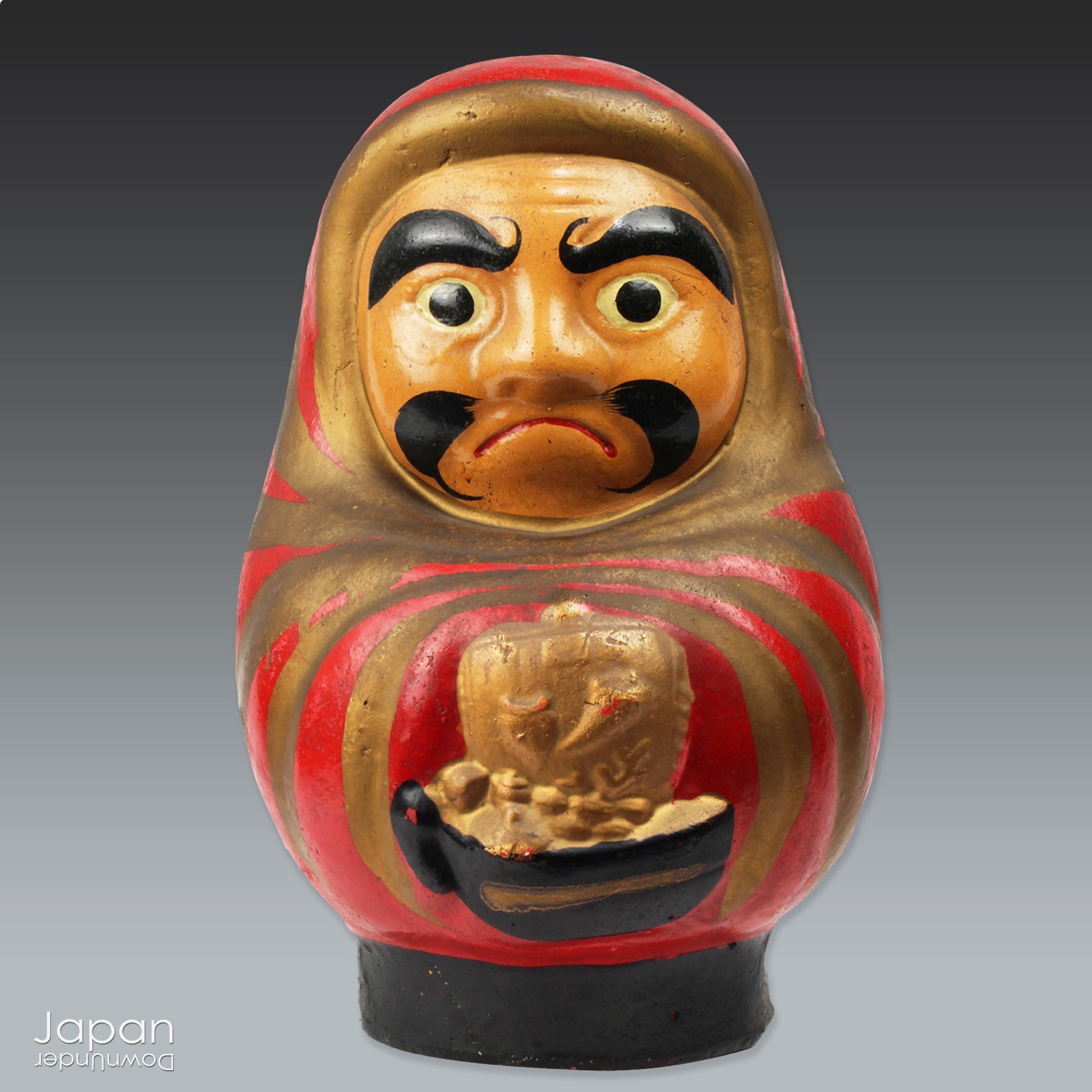 Add a touch of history to your home with this large antique Meiji Era lucky Daruma clay doll. No longer in production it boasts a great darkened rustic patina that adds unique charm to any space. Bring a piece of the past into your modern decor.