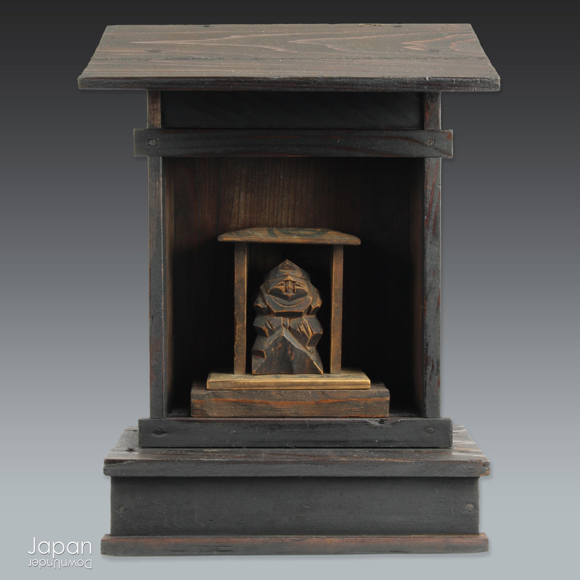 A perfect addition to your spiritual space, this quaint rustic antique Shinto shrine, made to be placed on the kamidana (god shelf), houses the lucky god Ebisu. This charming hand crafted god house embodies the essence of Shinto folk faith