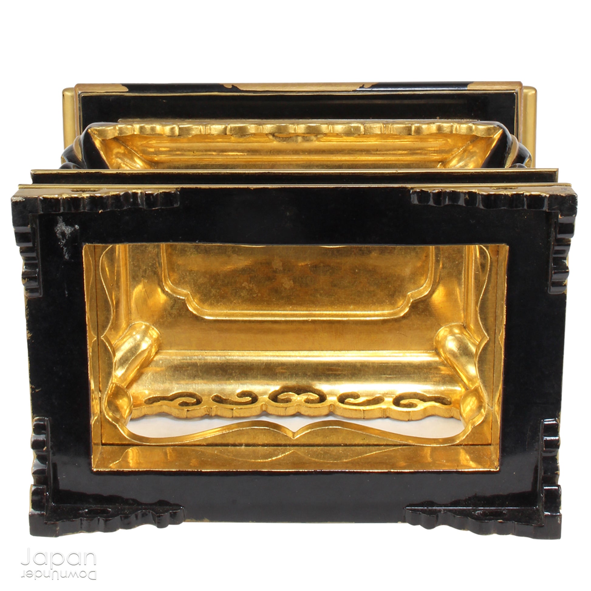 Add a touch of elegance to your space with this exquisite small antique Japanese sutra table. Intricately crafted with black lacquer and gold makie detailing, this table is perfect for displaying your favorite decor and religious items.