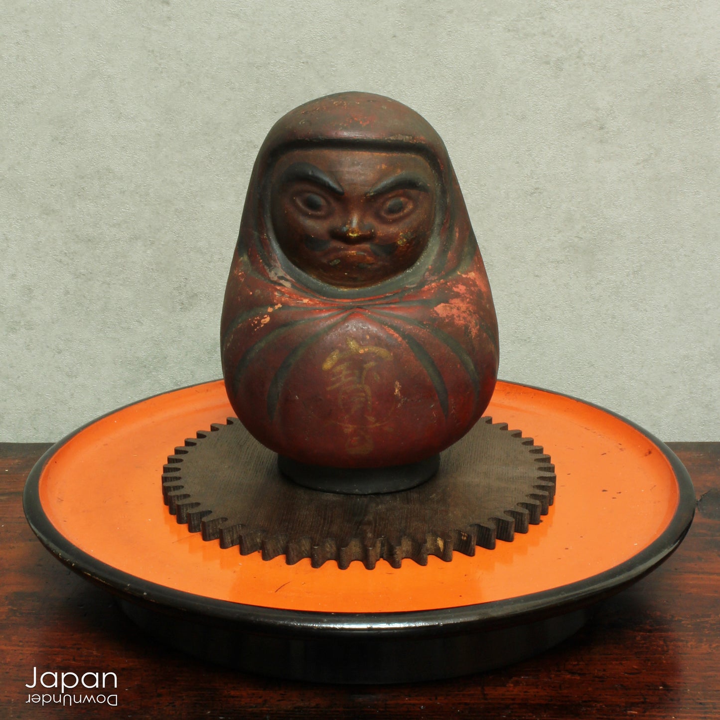 rare meiji era lucky daruma clay doll - soot covered rustic patina