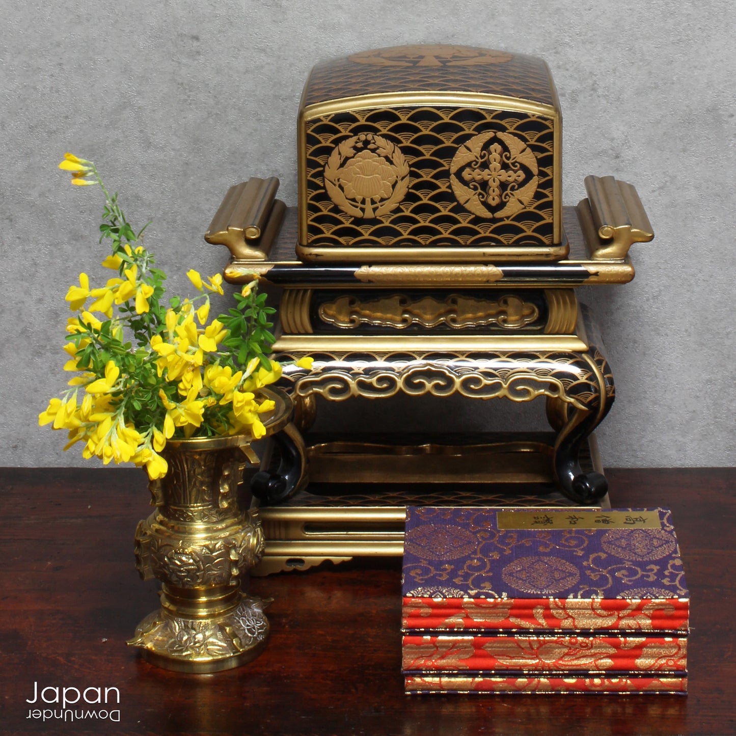 This exquisite antique Japanese sutra box showcases three handwritten volumes of the sacred teachings of Buddha. A blend of history and spirituality, this unique piece is perfect for collectors or anyone drawn to the wisdom of the East.